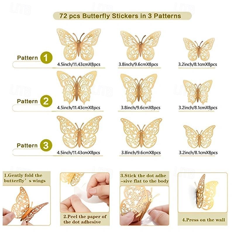 12pcs Golden Butterfly Decorations - 3D Wall Art for Parties, Crafts, and Baby Showers - Easy to Apply Stickers for Beautiful and Elegant Decor3