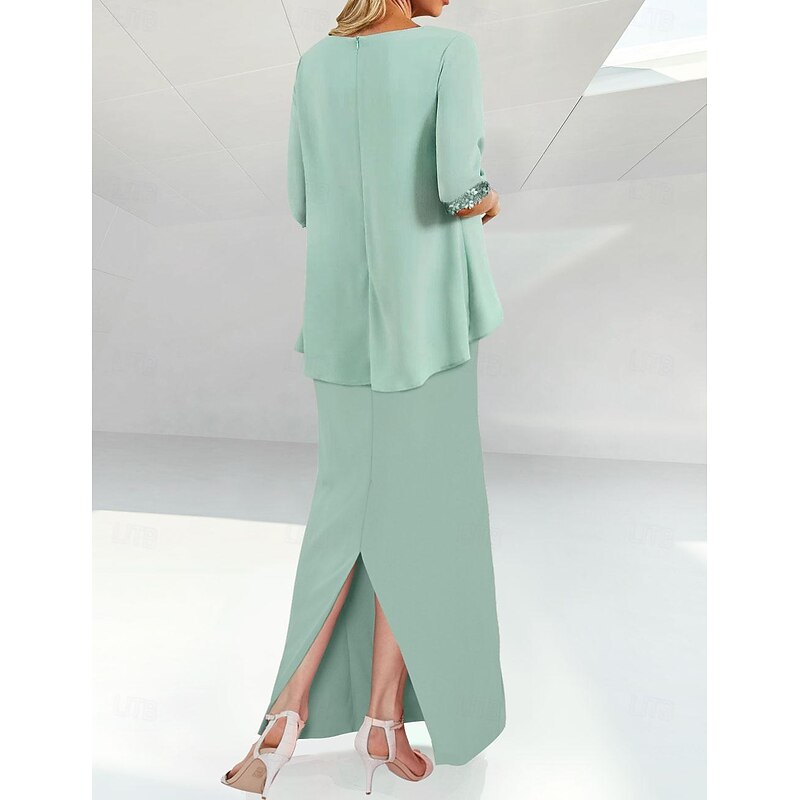 Beach Wedding Sheath Mother of the Bride Dress Elegant Jewel Neck Floor Length Chiffon Half Sleeve with Sequin Ruching2