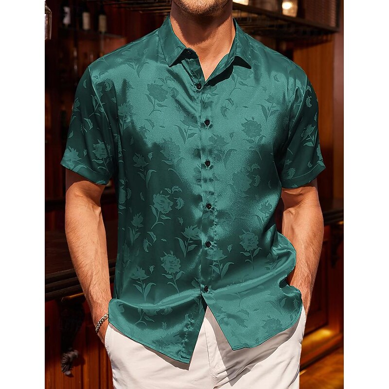 Men's Shirt Satin Shirt Summer Shirt Casual Shirt Button Up Shirt Plain Wedding Vacation Black Wine Green Short Sleeve Collar Summer Clothing Apparel4