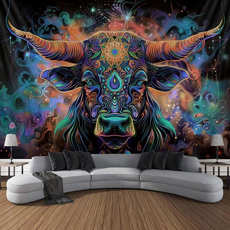 Blacklight Tapestry UV Reactive Glow in the Dark Glow Party Neon Bull Animal Psychedelic Trippy Misty Hanging Tapestry Wall Art Mural for Living Room Bedroom4