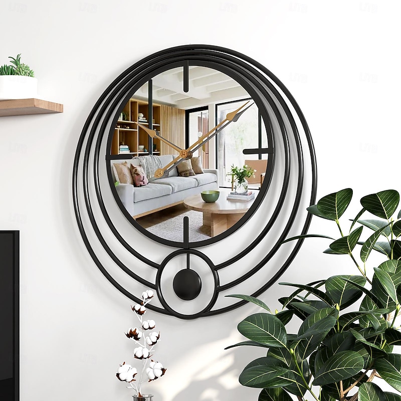 Electronic Wall Clock Large Wall Clock with Mirror Round Battery Operated Silent Quartz Movement Metal Wall Clock for Home Living Room Decor Gold Black 50cm2