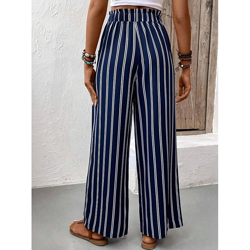 Women's Wide Leg Pants Trousers Casual Daily Long Striped Wide Leg Printing Breathability Comfortable Micro-elastic Office / Career Navy Blue Spring & Summer Regular Fit4