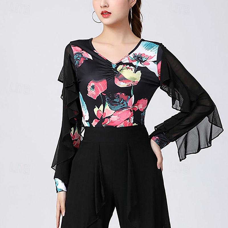 Latin Dance Ballroom Dance Top Printing Splicing Tulle Women's Performance Training Long Sleeve High Polyester2