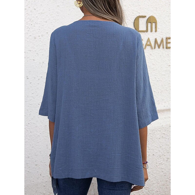Shirt Blouse Cotton Linen Shirts Women's Blue Green Gray Plain Asymetric Hem Street Daily Fashion Round Neck Regular Fit S4