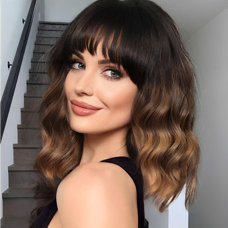 Short Wavy Brown Wig with Bangs Short Ombre Brown Light Brown Burgundy Black Blonde Bob Wigs for Women Wavy Bob Wig with Bangs Synthetic Natural Looking Wigs 14 inch
