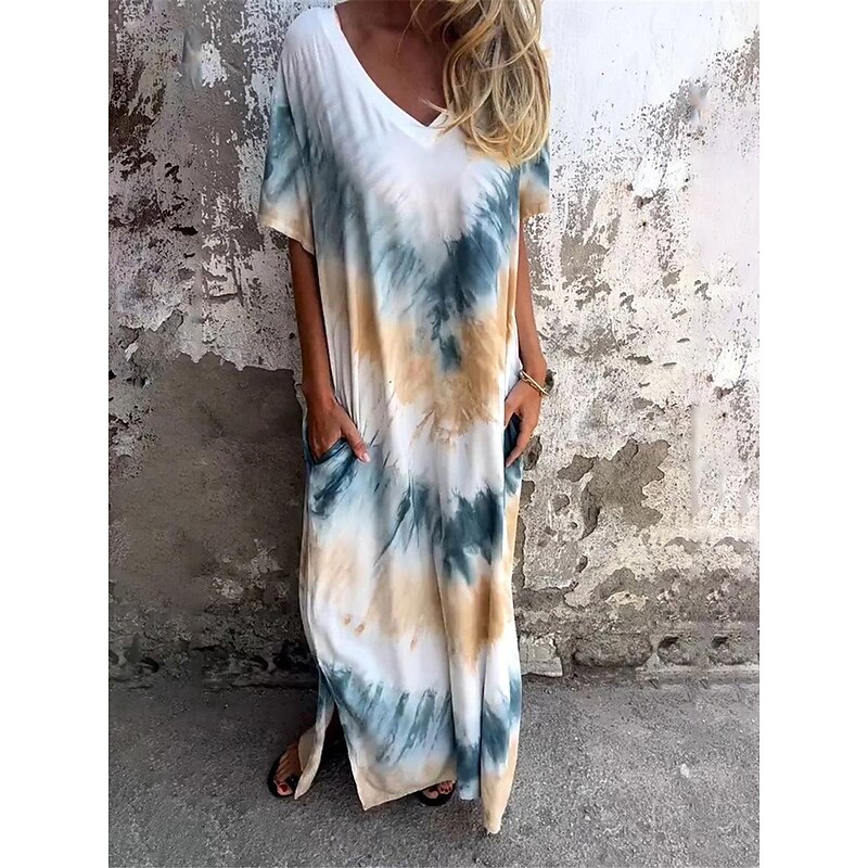 Women's Casual Dress T Shirt Dress Tee Dress Tie Dye Pocket Print V Neck Long Dress Maxi Dress Stylish Casual Daily Vacation Short Sleeve Summer