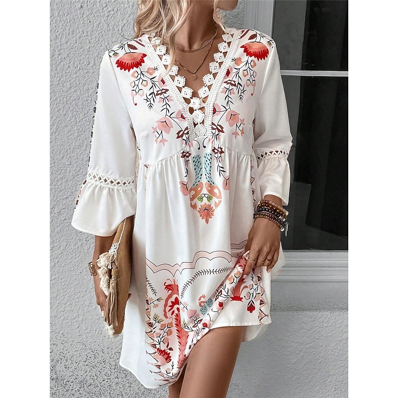 Women's Mini Dress Petite Dress Casual Dress Summer Dress Boho Dress Stylish Casual Vacation Daily Date Regular Fit Floral 3/4 Length Sleeve V Neck Black Red Fuchsia Apricot Summer