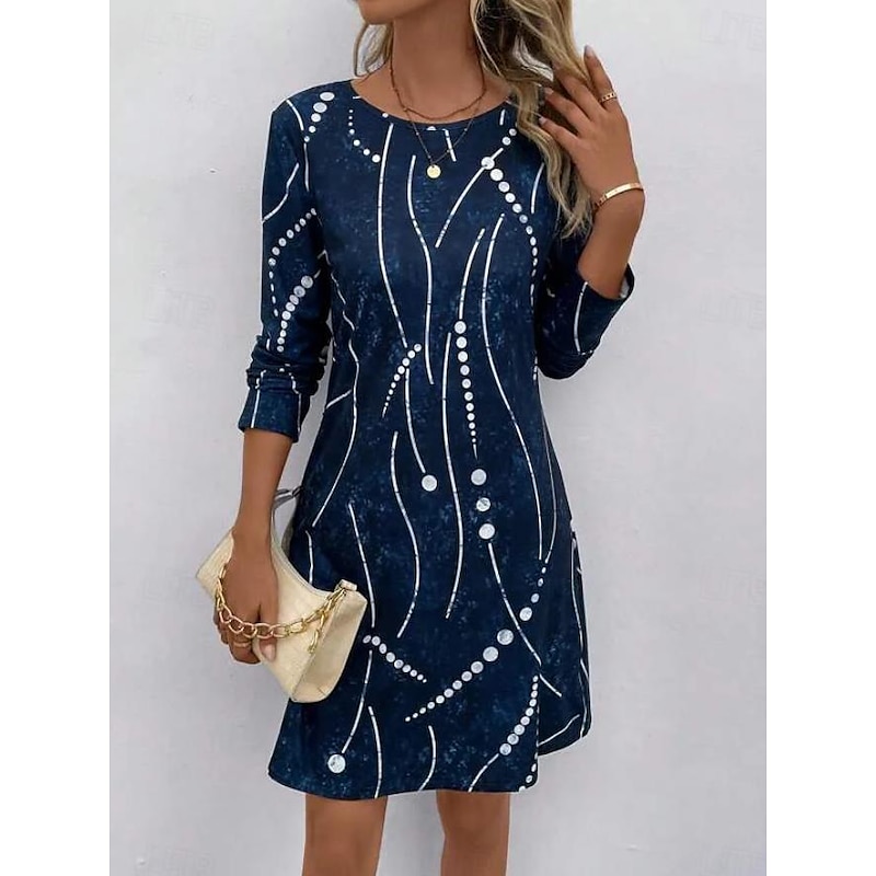 Women's Midi Dress Round Neckline Abstract Beaded Constellation Pattern A-Line Three Quarter Sleeve Velvet Texture Navy Blue Casual to Formal Occasions