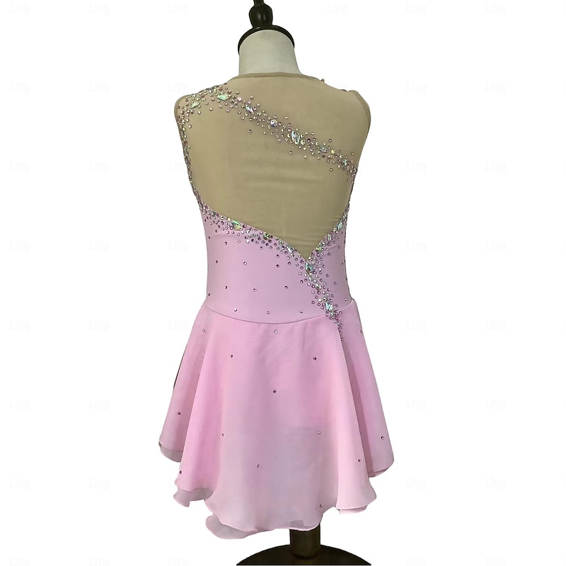 Figure Skating Dress Women's Girls' Ice Skating Dress Pink Champagne Open Back Mesh Spandex Stretchy Training Practice Professional Skating Wear Thermal Warm Classic Crystal / Rhinestone Sleeveless2