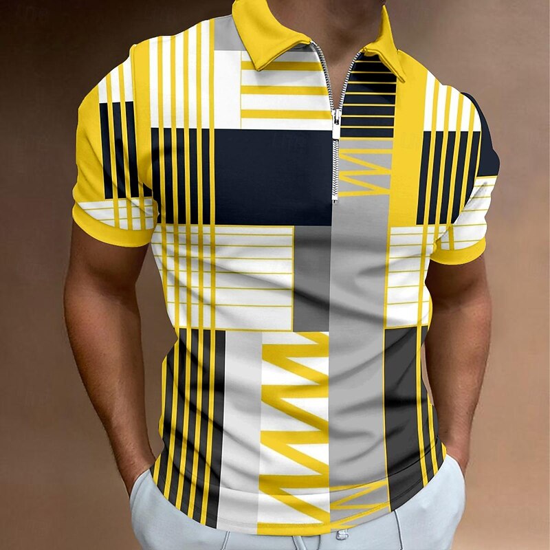 Men's Plaid Zip Polo Shirts Golf Shirt Short Sleeve Polo Shirts Collared Shirts Vintage Casual Vacation Wear Formal Wear Festival Wear 3D Print Quarter Zip Polo Summer Yellow+Orange Yellow