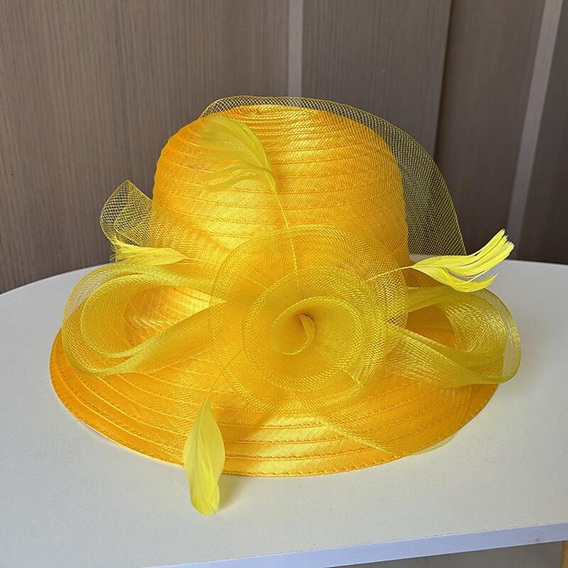 Fascinators Hats Headwear Polyester Organza Bucket Hat Floppy Hat Sun Hat Casual Holiday Elegant Vintage With Feather Flower Headpiece Headwear3