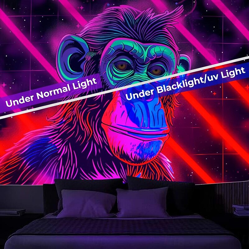 Blacklight Tapestry UV Reactive Glow in the Dark Glow Party Neon Chimpanzees Psychedelic Trippy Misty Hanging Tapestry Wall Art Mural for Living2