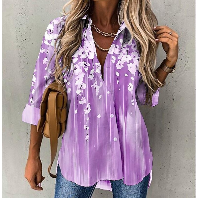 Women's Chiffon Shirt Light Gradient Floral Print Casual Button-Down Long Sleeve Lapel Collar Tops Blouse Breathable Relaxed Fit Multiple Sizes4