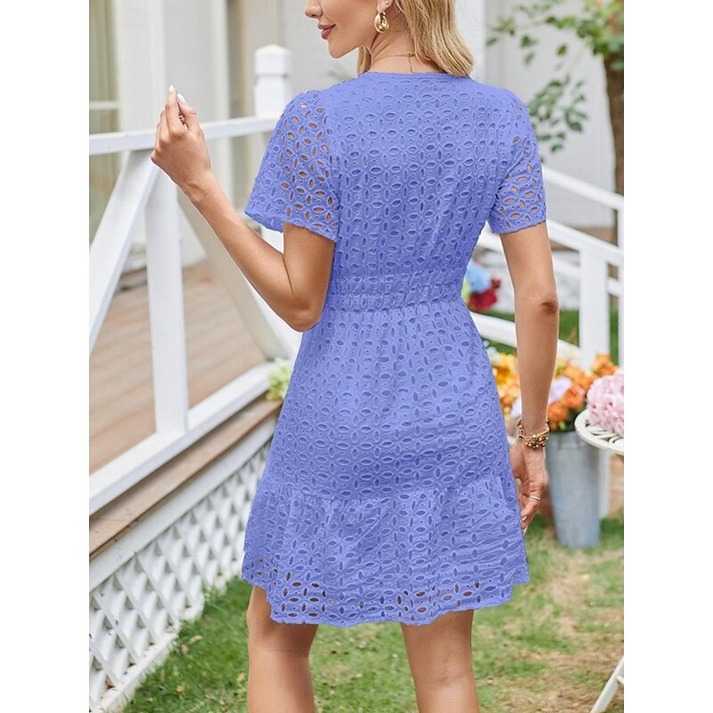 Women's White Dress Mini Dress Lace Eyelet Vacation Casual Split Neck Short Sleeve Black White Yellow Color 15