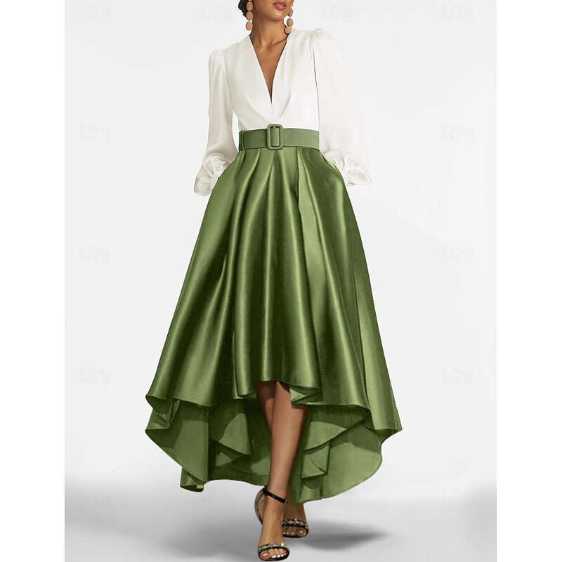 A-Line Evening Gown High Split Dress Formal Wedding Guest Asymmetrical Long Sleeve V Neck Belt / Sash Satin with Pleats Slit2