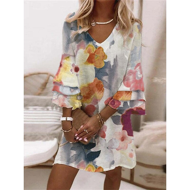 Women's Casual Dress Floral Ruffle Print V Neck Mini Dress Stylish Casual Daily Vacation 3/4 Length Sleeve Summer