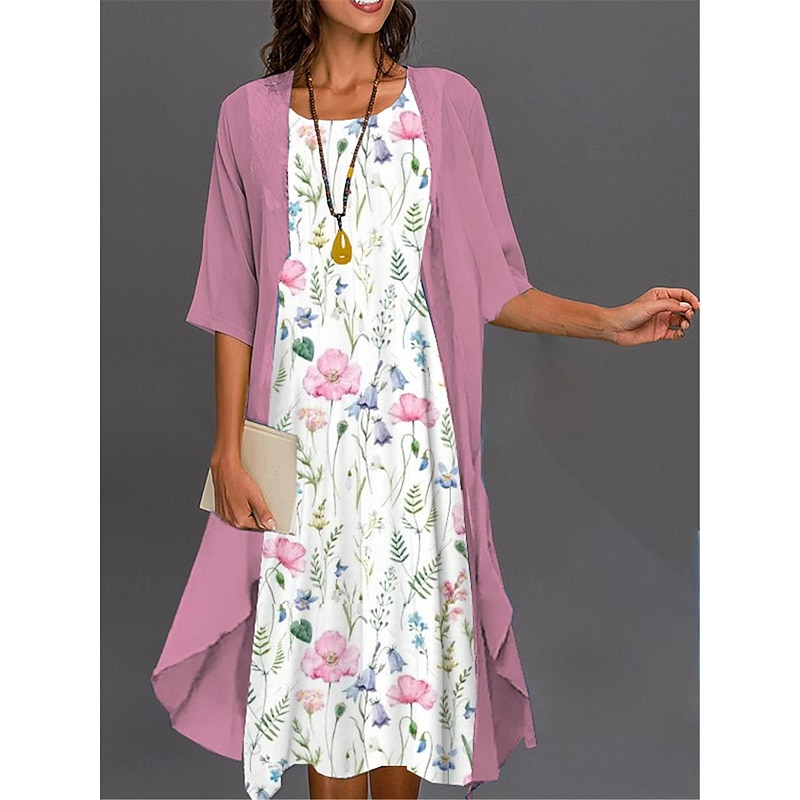 Women's Graduation Dress Midi Dress Two Piece Dress Set Casual Dress Print Dress Elegant Fashion Ombre Floral Print 3/4 Length Sleeve Crew Neck Outdoor Daily Pink Dark Pink Blue Summer Spring