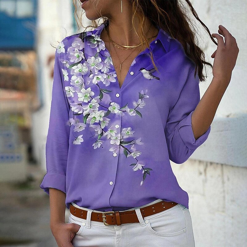 Women's Shirt Blouse Casual Floral Buttons Print Long Sleeve Regular Tops Shirt Collar Vacation Daily Pink Blue Purple Khaki Spring & Fall3