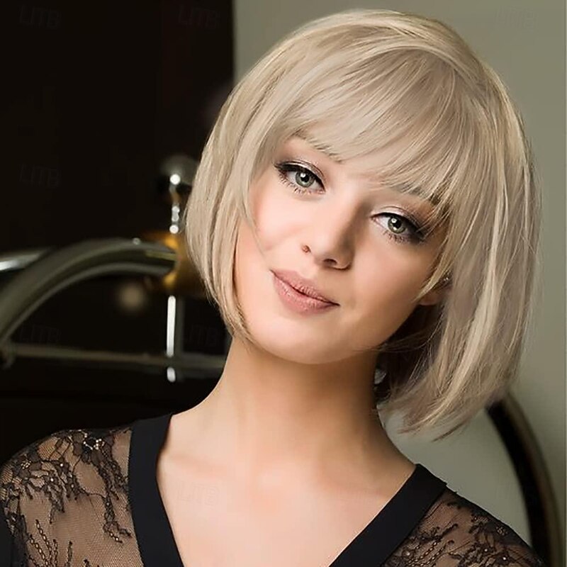Short Bob Wig with Bangs Heat Resistant Synthetic Straight Wigs for Women Cute Dark Ash Blonde blended with Blonde 10 inches Light Brown Black Brown Light Blonde Blonde