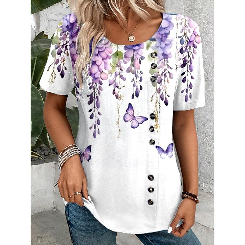 Women's Shirt Ombre Floral Butterfly Daily Linen Casual Short Sleeve Crew Neck Regular Tops Vacation Daily Patchwork Violet Summer Spring
