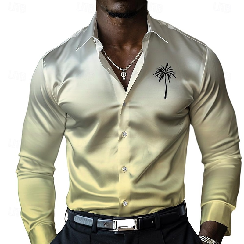 Men's Coconut Tree Tropical Plants Dress Shirt Summer Hawaiian Shirt Button Up Shirt Long Sleeve Shirt Turndown Collared Shirts Fashion Casual Daily Evening Party Yellow Purple S M L - Main Image