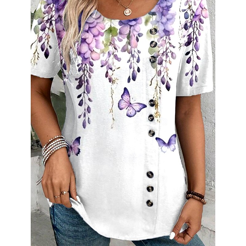 Women's Shirt Ombre Floral Butterfly Daily Linen Casual Short Sleeve Crew Neck Regular Tops Vacation Daily Patchwork Violet Summer Spring3