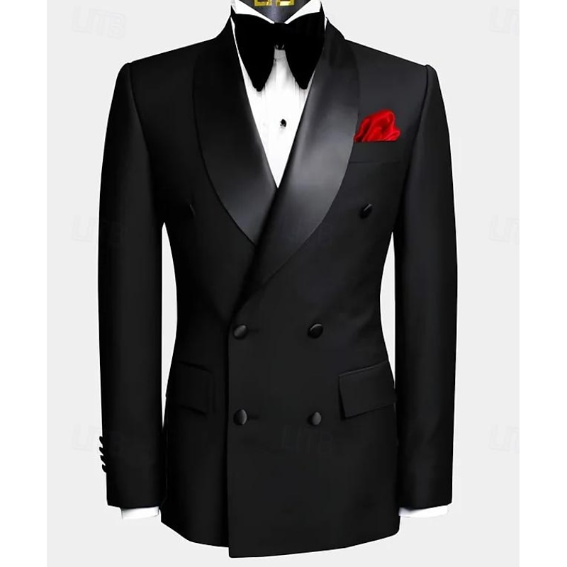 Men's Wedding Suits Shawl Lapel Shawl Collar Black White Formal Solid Colored Tailored Fit 2 Piece Double Breasted Six-buttons4