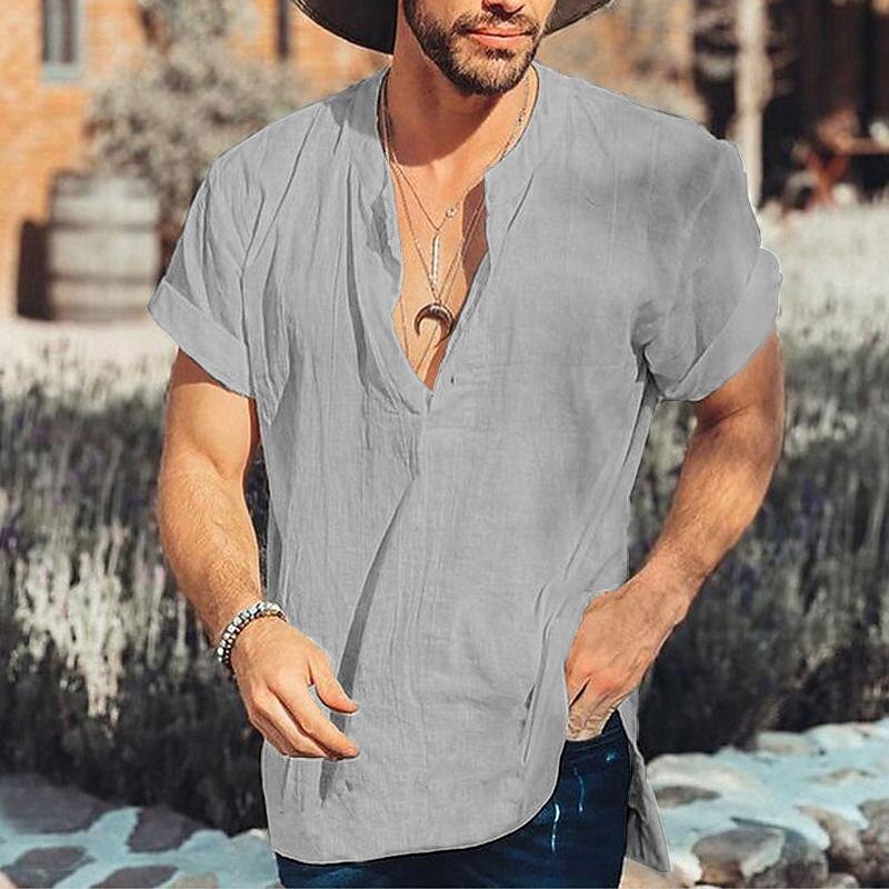 Men's Shirt Linen Shirt Casual Shirt Beach Shirt Plain Vacation Street Black White Gray Short Sleeve Band Collar Summer Clothing Apparel Button-Down3