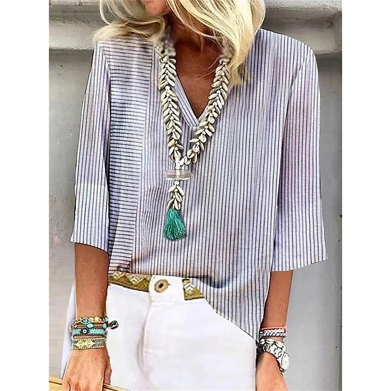 Women's T Shirt Blouse Striped Casual 3/4 Length Sleeve V Neck Regular Tops Daily Print Navy Blue Gray Spring & Summer2