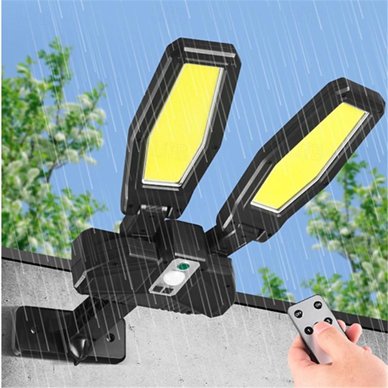 Solar Flood Lights Street Light, COB Solar Power 2 Heads Remote Control 270° Motion Sensor Street FloodLight Wall Lamp Waterproof for Outdoor Garden Security