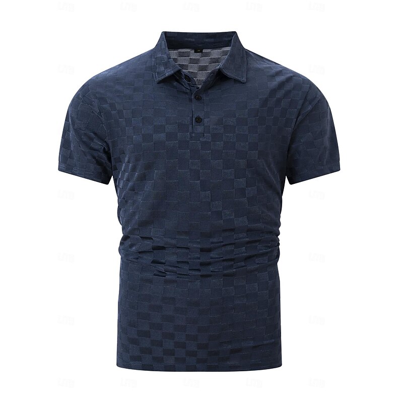 Men's Polo Golf Shirt Business Casual Classic Short Sleeve Fashion Solid Color Checkerboard Button Summer Spring Regular Fit Light Blue Black Navy Blue Polo3