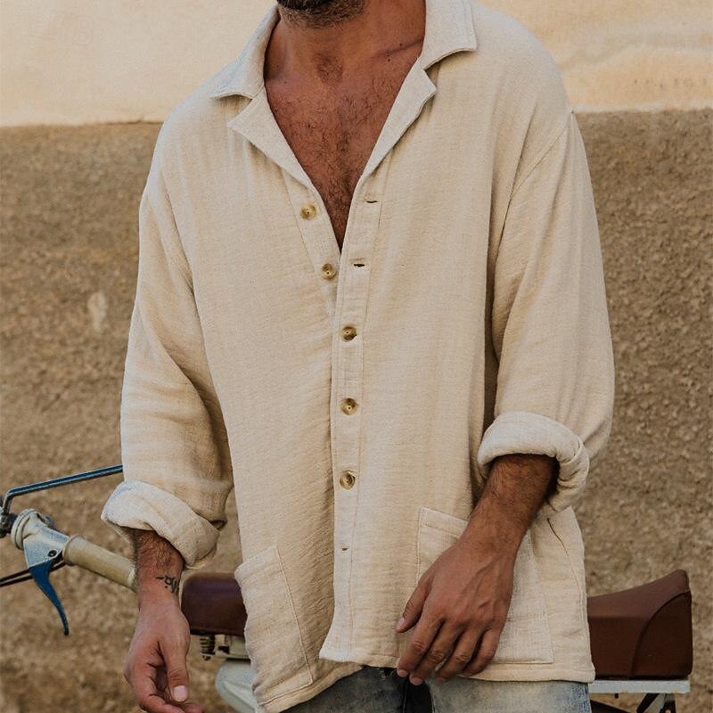 Men's Shirt Linen Shirt White Cotton Shirt Casual Shirt Cotton Linen Shirt Cotton Shirt Plain Vacation Hawaiian White Apricot Long Sleeve Camp Collar Spring &  Fall Clothing Apparel Button-Down4