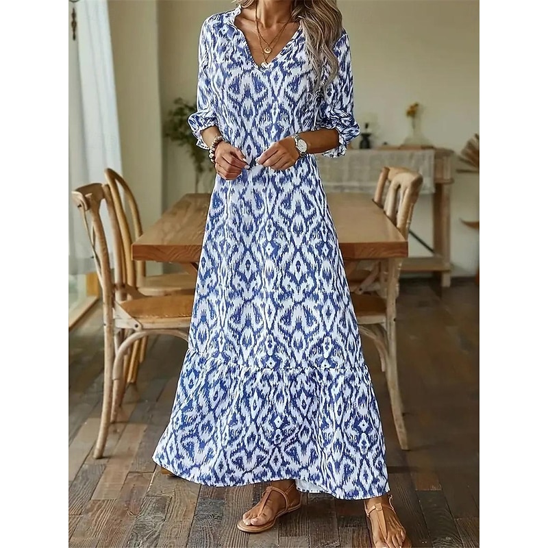 Women's Maxi Dress Bohemian Blue White Ikat Print V-neck Long Sleeve Flowing Beach Casual Social Holiday Full Sizes Comfortable Light Fabric