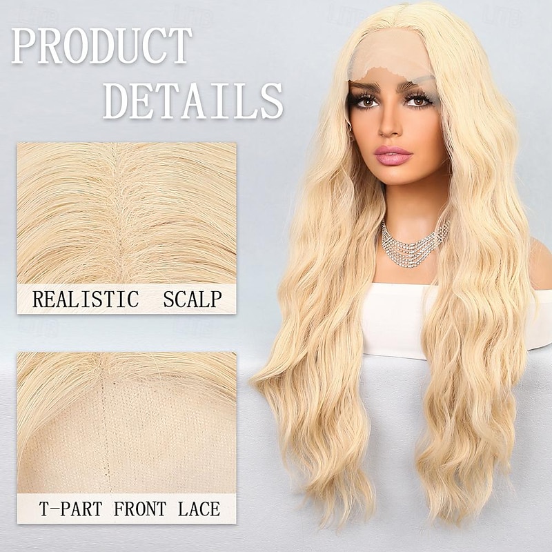 Synthetic Lace Wig Wavy Style 28 inch Blonde Middle Part T Part Wig Women Wig Creamy-white2