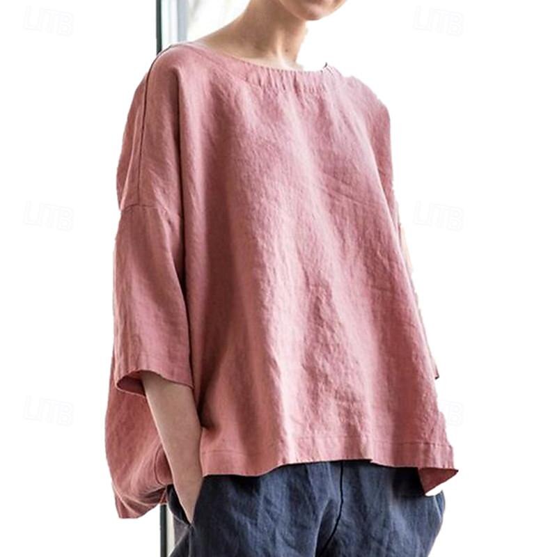 Women's Shirt Linen-Inspired Shirts Blouse Plain Fashion Round Neck Street Daily Sexy Yellow Pink Blue Purple Green Summer