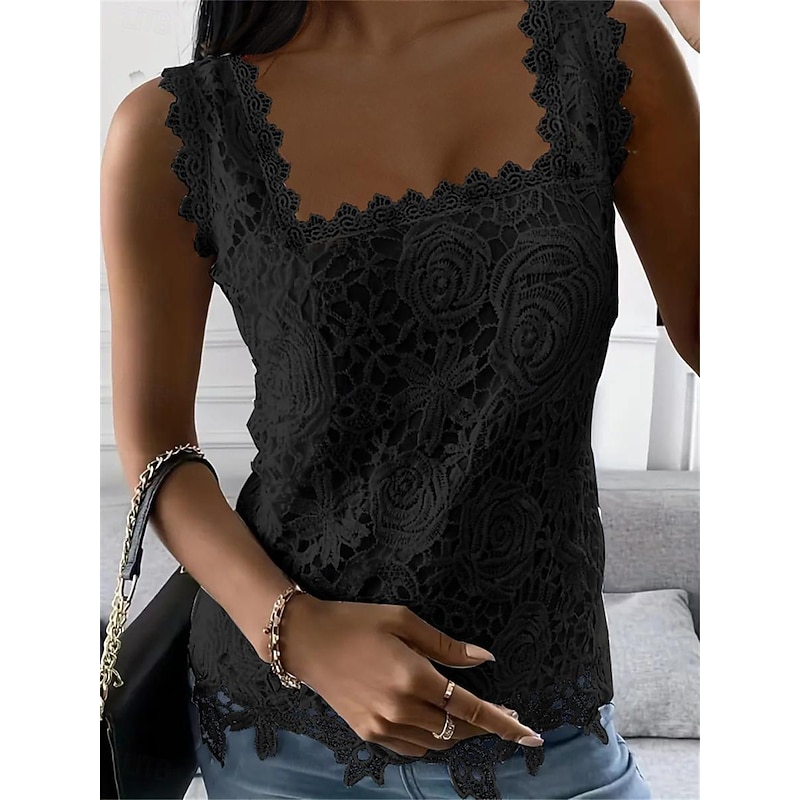 Women's White Elegant Lace Tops Eyelet Blouse Sexy Sleeveless Floral Semi-Sheer Square Neckline Scalloped Trim Fashion Slim Fit Date Casual Party Romantic Petite Tops Summer Holiday Wear2