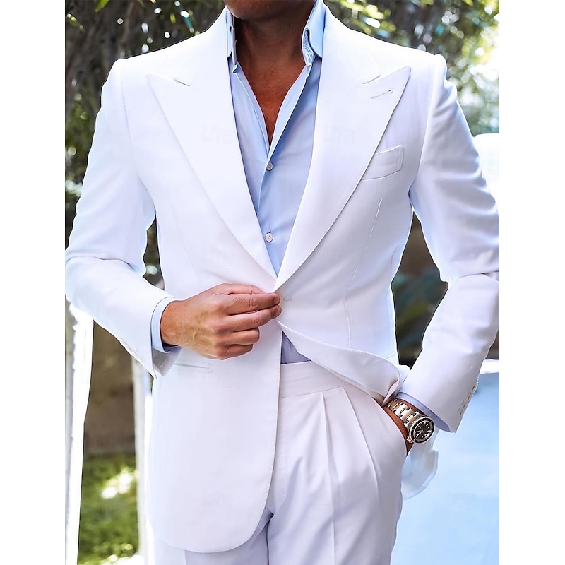 Men's Wedding Party Suits Peak White Yellow Fashion Business Solid Colored Tailored Fit 2 Piece Single Breasted One-button2
