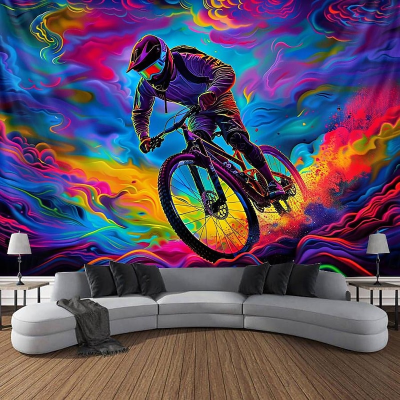 Blacklight Tapestry UV Reactive Glow in the Dark Glow Party Neon Cyclist Psychedelic Trippy Misty Hanging Tapestry Wall Art Mural for Living4