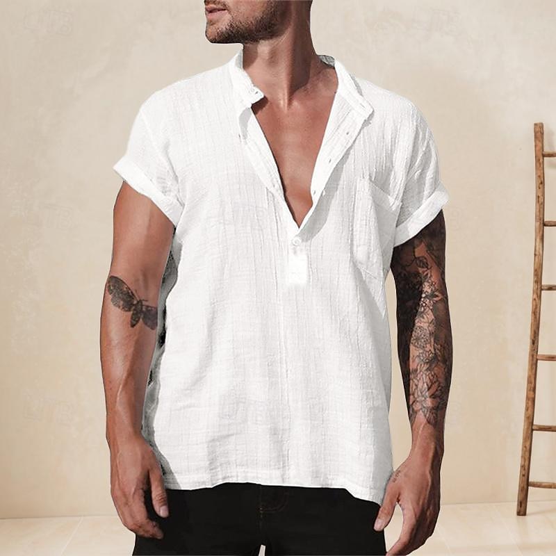Men's Shirt Linen Shirt Chinese Collar Shirt Mandarin Collar Shirt Casual Shirt Cotton Shirt Plain Vacation Street Black White Yellow Gray Short Sleeve Band Collar Summer Clothing Apparel