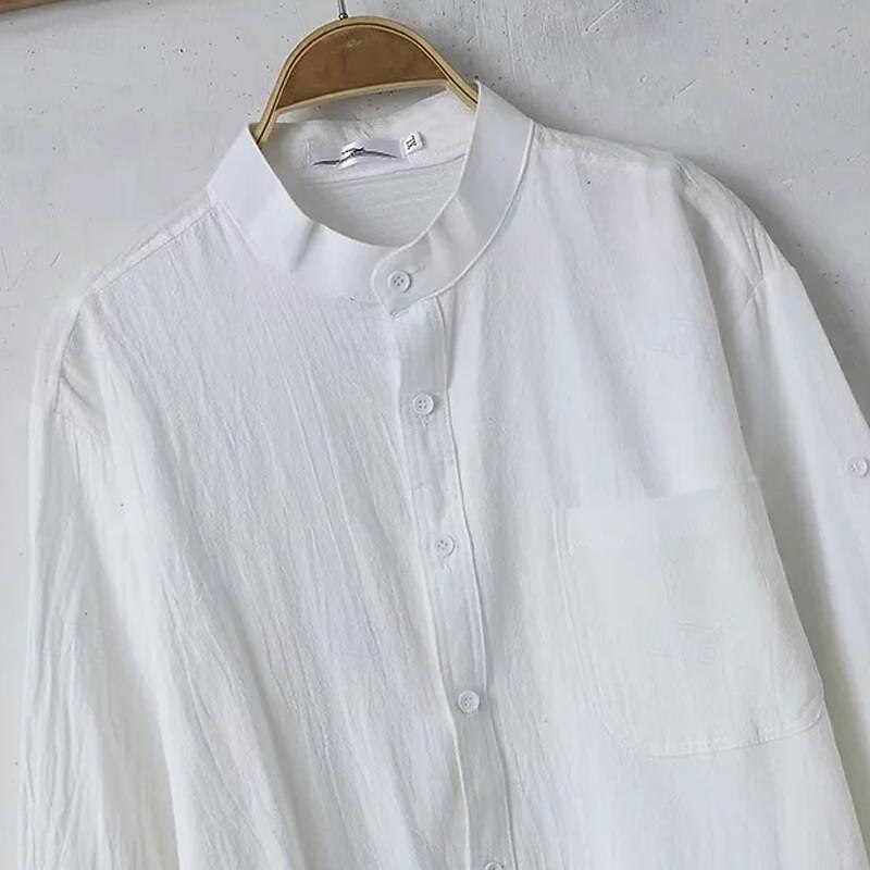 Men's Shirt Linen Shirt Chinese Collar Shirt Mandarin Collar Shirt Casual Shirt Cotton Shirt Plain Vacation Hawaiian Black White Army Green 3/4 Length Sleeve Band Collar Spring &  Fall Clothing2