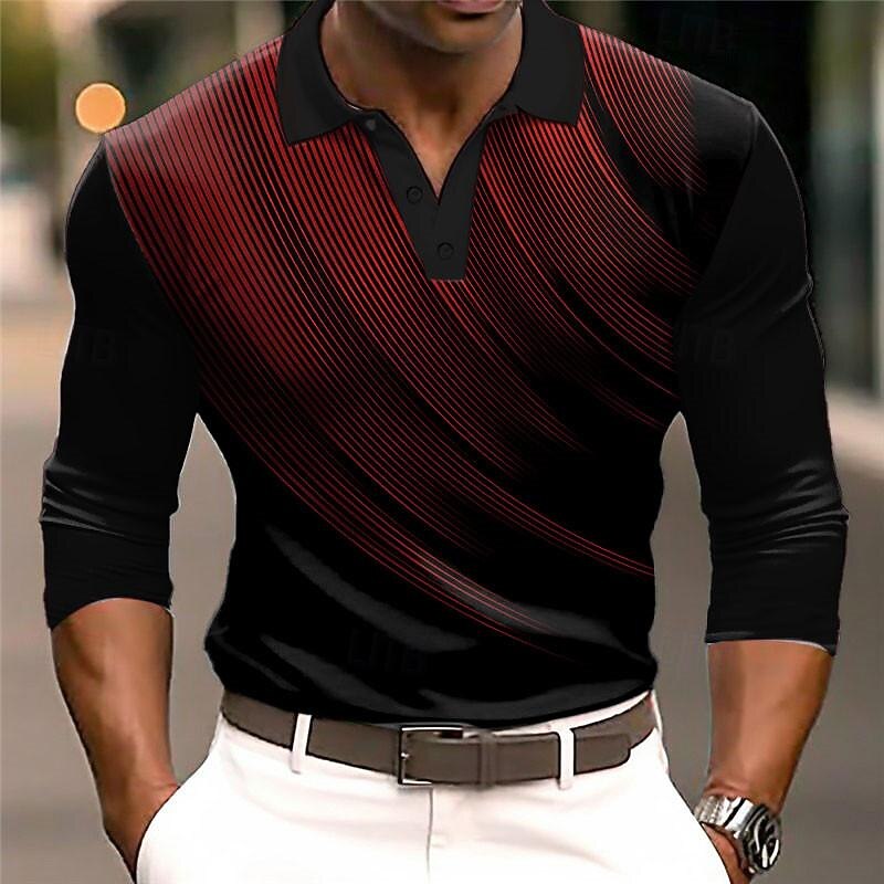 Men's Geometric Polo Shirts Golf Shirt Long Sleeve Polo Shirts Collared Shirts Business Casual WorkWear Formal Wear Festival Wear 3D Print Buttons Fall & Winter White Wine Blue