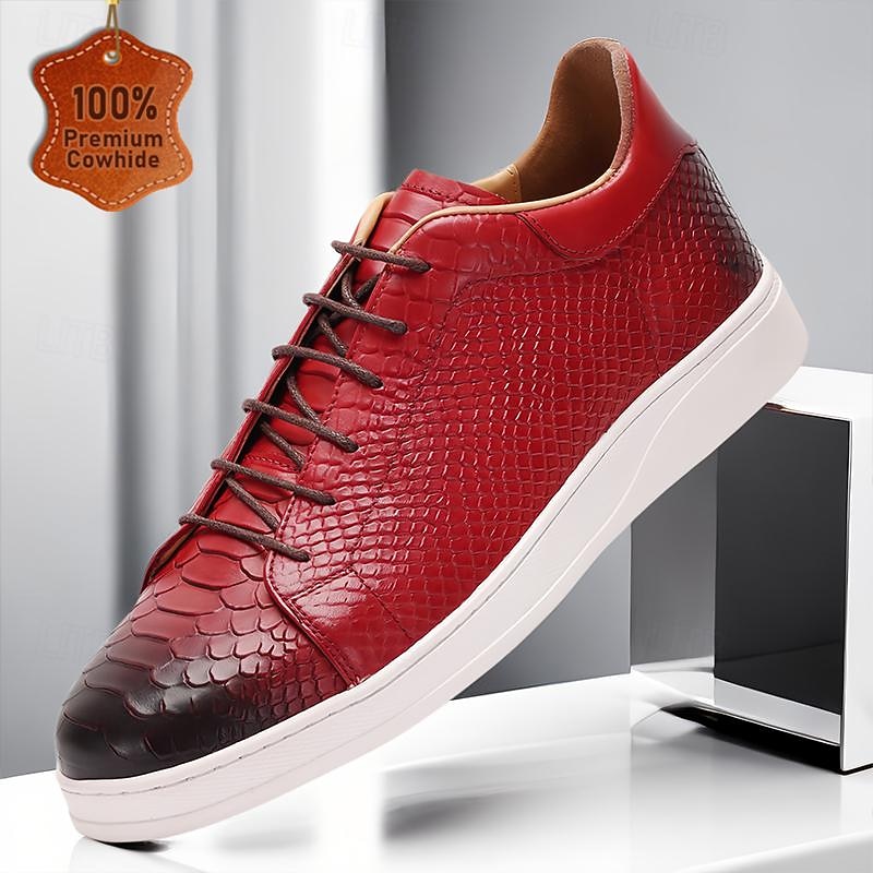 Men's Dress Sneakers Leather Italian Full-Grain Cowhide Slip Resistant Lace-up Black Red