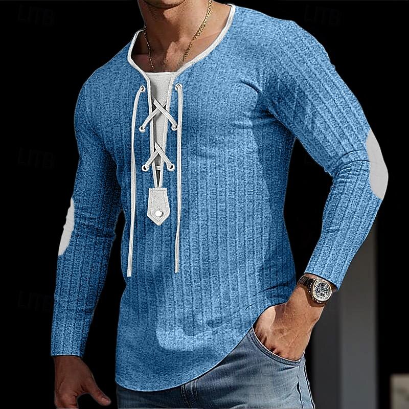 Men's T Shirt Muscle Shirt Ribbed Knit tee Tee Top Long Sleeve Collar Spring &  Fall Color Block Fashion Designer Basic Drawstring Patchwork Vacation Street Going out Dark Grey White Black Top Tee