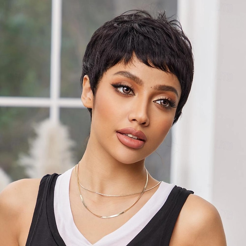 Short Pixie Cut Bob Human Hair Wigs Straight Black Brown Remy Hair for Women Natural Layered Wig with Bangs Wig4