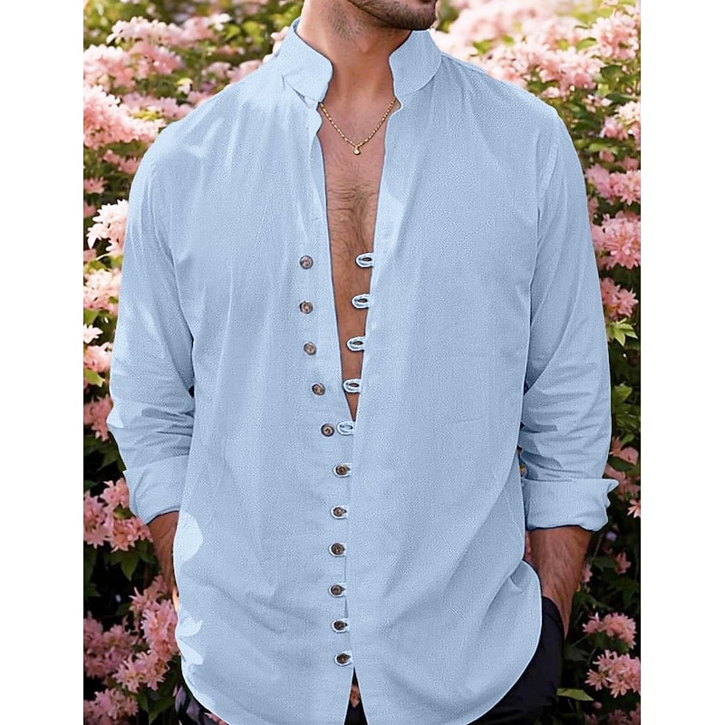 Men's Linen Shirt Shirt Button Up Shirt Casual Shirt Summer Shirt Black White Pink Long Sleeve Plain Band Collar Summer Spring & Fall Daily Vacation Clothing Apparel4