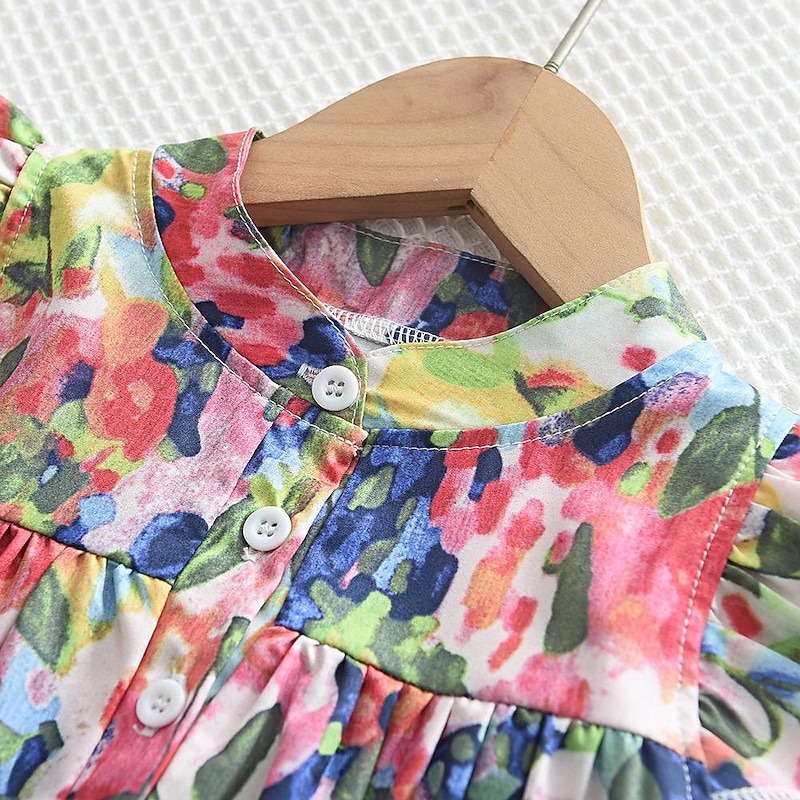 Young Girl Stand Collar Flying Sleeve Floral Print A-Line Dress For Summer3