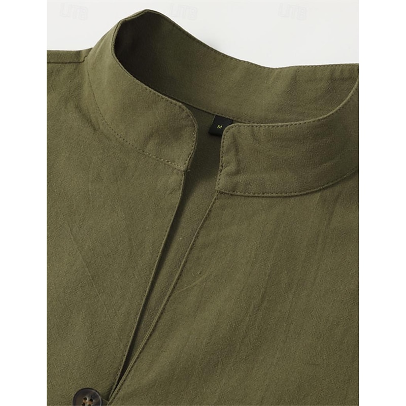 Men's Linen Shirt Shirt Button Up Shirt Casual Shirt Summer Shirt Black White Pink Long Sleeve Plain Band Collar Summer Spring & Fall Daily Vacation Clothing Apparel3