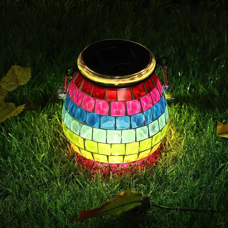 1pc Mosaic Solar Mason Can Light Outdoor Waterproof Glass Art Projection Hanging Lantern Desktop Decoration