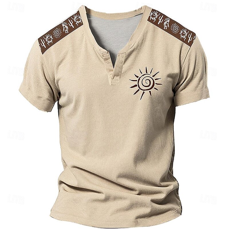 Aztec Sun V Neck Men's Ethnic Style 3D Print T shirt Tee Henley Shirt Casual Daily T shirt Blue Green Khaki Short Sleeve Shirt Summer Clothing Apparel S M L XL 2XL 3XL
