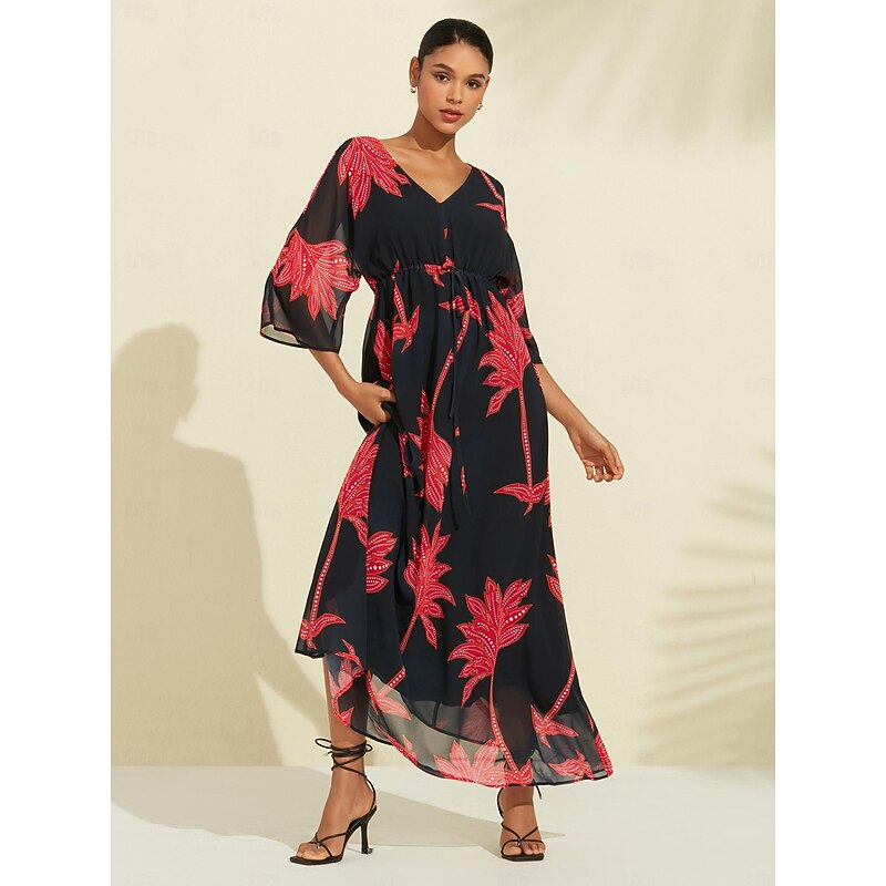 Women's Print Dress Maxi Dress Black 3/4 Length Sleeve Leaf Printing Flower / Plants Printing Spring & Summer V Neck Beach S M L